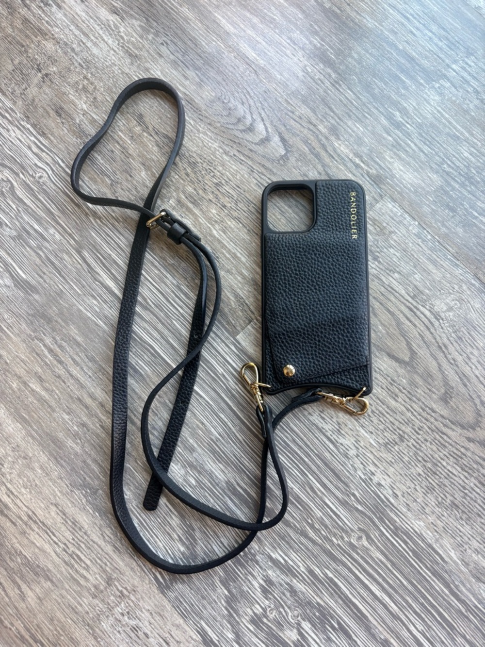 Bandolier Black Leather Crossbody Phone Case with Gold Accents for iPhone 12